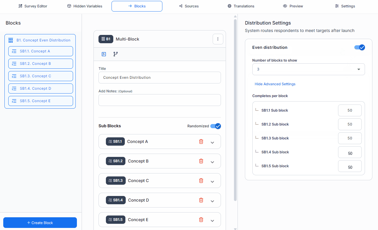 Survey builder with concept blocks, randomisation and even-distribution settings visible together